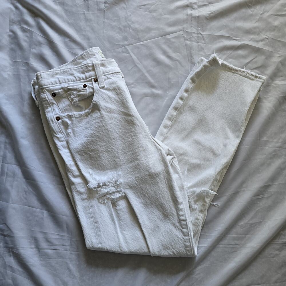 Abercrombie & Fitch Women's White Distressed Straight Denim Jeans Button Zip